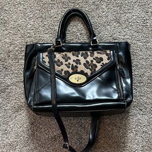 Black Leopard Accent Satchel Handbag